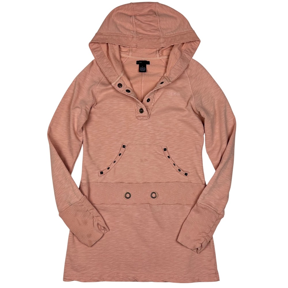 BCBGMAXAZRIA Hooded Tunic Pullover Sweatshirt Studded Henley Large Peach Y2K